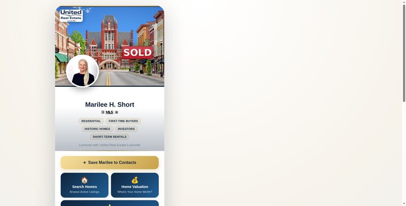 Marilee Short digital business card — navy and gold design